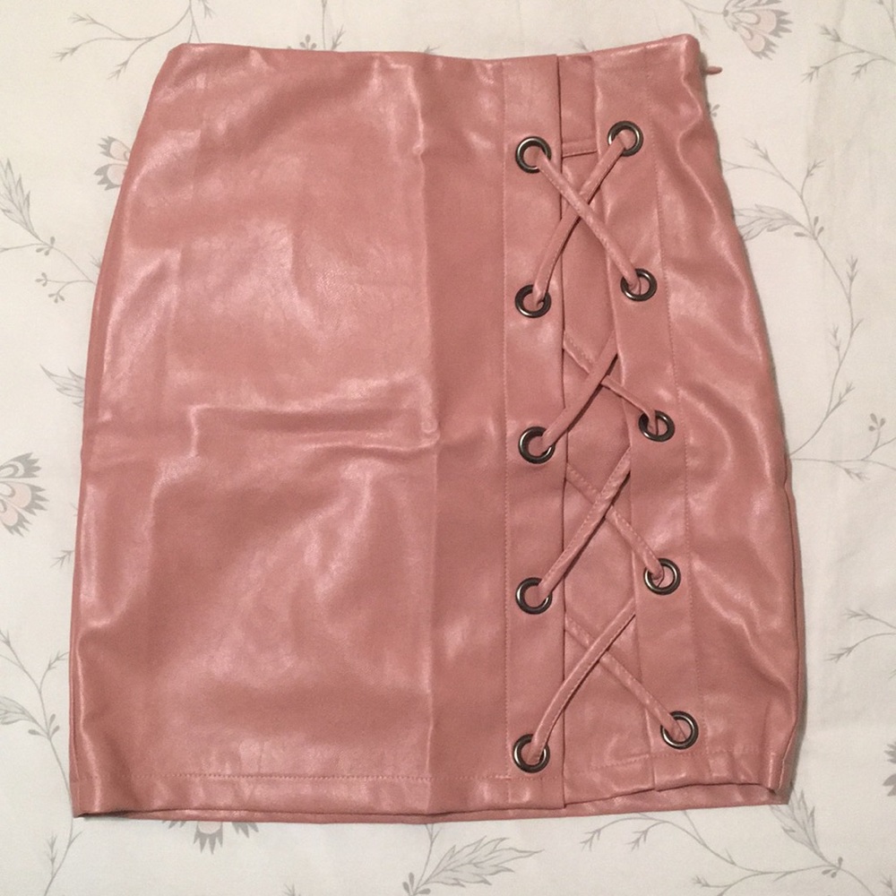 NWOT Pink lace up leather skirt!